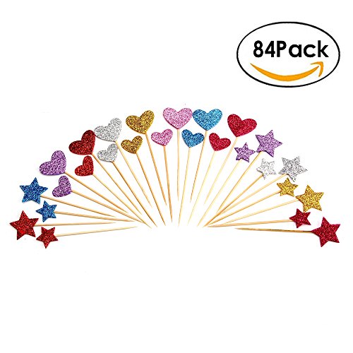 BUSHIBU 84 PCS Gold Star CupcakeBest Heart Cupcake Toppers Glitter Party Cake Decorations