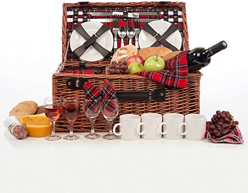 Modern Wicker Picnic Basket Hamper Set by Weirwood | Includes Flatware, Cheese Plates, Ceramic Mugs, Handkerchiefs, and FREE Checkered Blanket (Large)