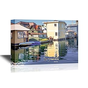 Watercolor Style Floating Home Village Yellow Brown Houseboats Fisherman