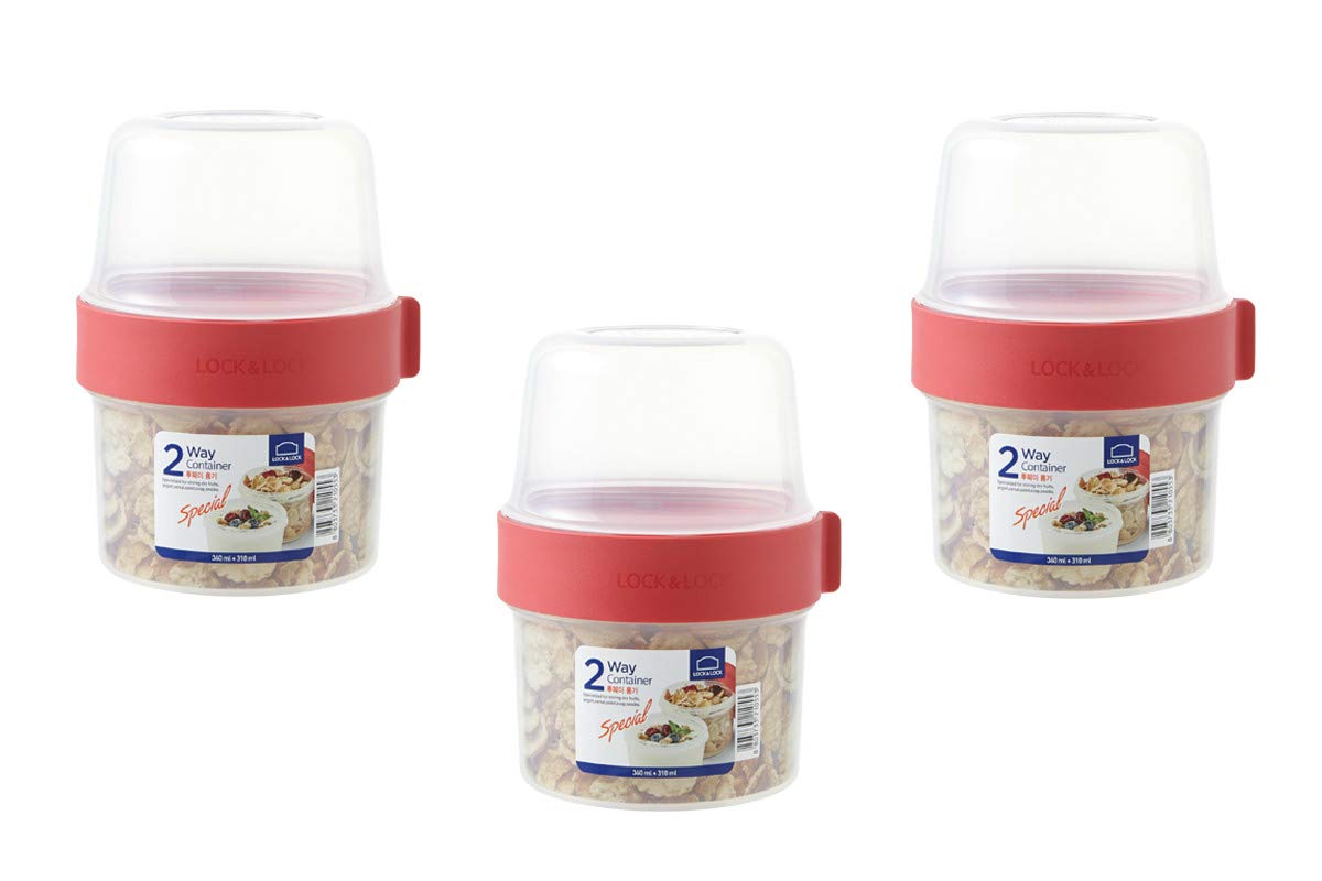 Lock & Lock Two-Way Plastic Cereal To Go Cups - Set of 3 Storage Jars - Small Lunch Box with Screw Lid and Two Containers - 360 ml & 310 ml