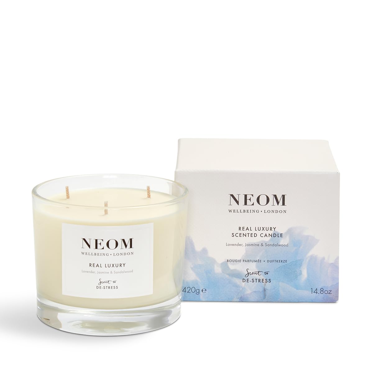 NEOM- Real Luxury Scented Candle, 3 Wick | Lavender, Jasmine & Sandalwood | Essential Oil Aromatherapy Candle | Scent to De-Stress