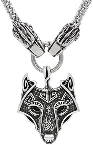 xicoh Viking Wolf Head With Thor's Hammer Mjolnir Scandinavian Bear Paw Wolf Pendant NECKLACE - Stainless Steel Chain