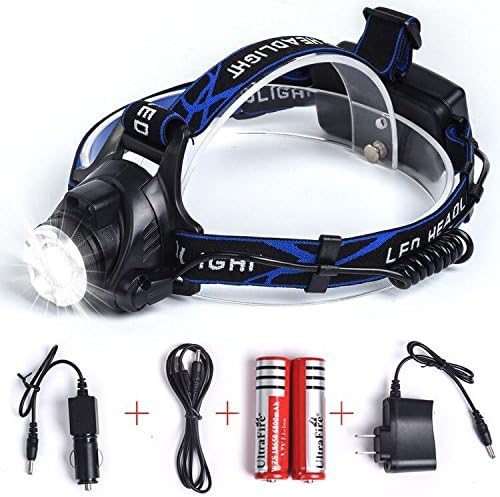 LED Headlamp, 3 Modes bright Waterproof LED Headlights with Rechargeable Batteries Car Charger Wall Charger USB Cable for Camping Biking Hunting Fishing Reading Outdoor Sports (Silvery)