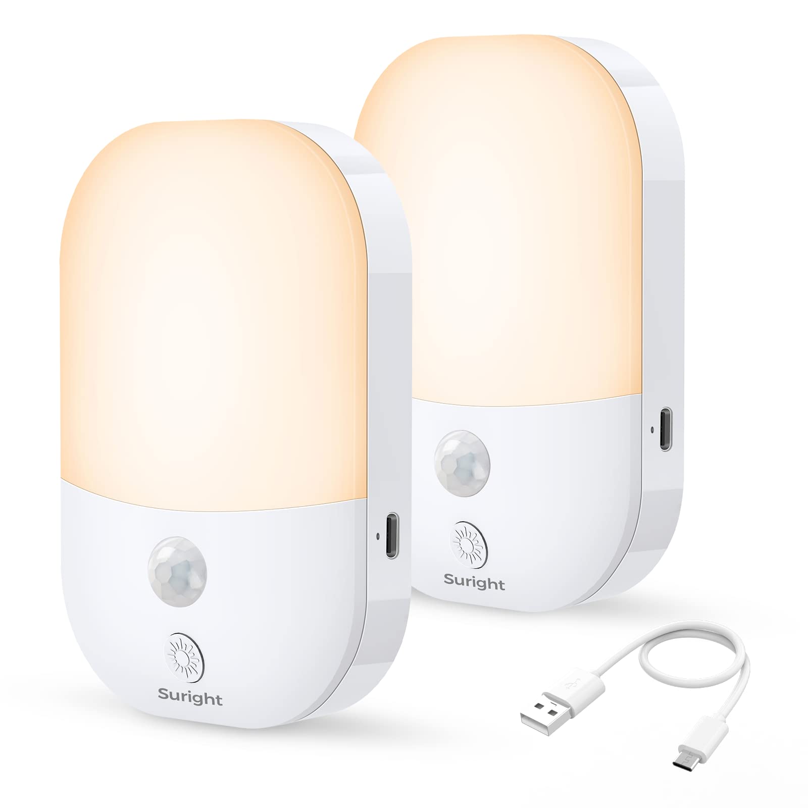 Suright LED Night Light, 2 Pack Type-C Rechargeable Motion Sensor Light, 3 Modes (AUTO/Off/ON) and 5 Levels Dimmable Brightness, 2800K Warm White Cupboard Lights for Wardrobe, Stair, Hallway, Bedroom