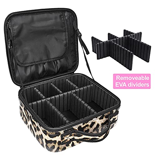Large Cosmetic Bag, AIMEI Makeup Bag Professional Makeup Organizer Bag, Double Layer Waterproof Cosmetic Case for Women & Girl, Travel Toiletries Cosmetic Bag with Brush Pot & Durable Zipper (Leopard Print) S
