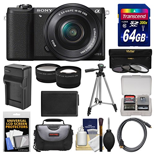 Sony-Alpha-A5100-Wi-Fi-Digital-Camera-16-50mm-Lens-Black-with-64GB-Card-Case-Battery-Charger-Tripod-Filters-TeleWide-Lens-Kit