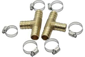 2 Pcs Brass Hose Barb Tee Fitting,T Barbed Hose Fittings, 5/8" x 5/8" x 5/8" 3 Ways Hoses Connector With 6 Pcs Stainless Clam