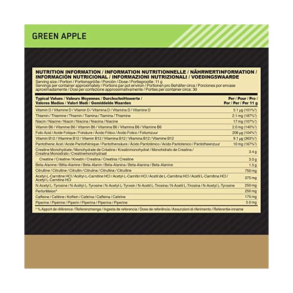 Optimum-Nutrition-Gold-Standard-Pre-Workout-Powder-Energy-Drink-with-Creatine-Monohydrate-Beta-Alanine-Caffeine-and-Vitamin-B-Complex-Green-Apple-30-Servings-330-g-Packaging-May-Vary Optimum Nutrition Gold Standard Pre Workout Green Apple Flavoured Powder, 330g