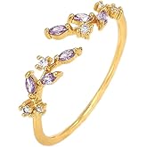 HNMZZPL Trendy Open Leaf Ring for Women, Branch Leaves Band Stacking Finger Ring, 14K Gold Cubic Zirconia Plated Open Ring