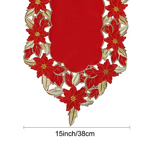 YOSICHY Christmas Embroidered Table Runner Luxury Poinsettia and Holly Table Runner for Xmas Decorations 15x69 Inch (Red) - Thumbnail 4