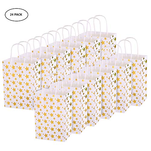XNX 24 Pack Paper Gift Bags Party Favor Bags Recyclable Goodie Bags for Birthdays, Weddings, Baby Showers,Shopping.Gold Foil Stars Design, White(15 * 21 * 8cm) (Gold Foil Star) - Thumbnail 5