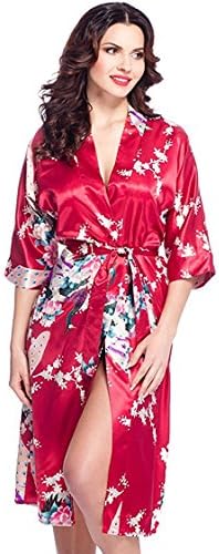JieFar Woman's Long Style Printed Silk Kimono Sleepwear Robe (M, Red)