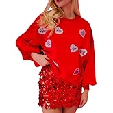 Yiulangde Holiday Pink Heart Love Shirts for Women Girls Cute Bow Letter Sweater Tops Long Sleeve Sequin Graphic Sweatshirts