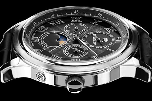 LOUIS-XVI-Herren-Armbanduhr-La-Lune-Silber-Schwarz-Mondphase-Analog-Quarz-echtes-Leder-Schwarz-489