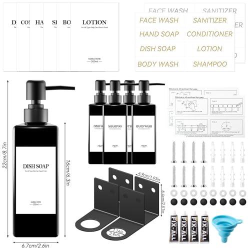4 Pieces Wall Mounted Shower Soap Dispenser, Soap Dispenser Without Drilling 500 ml Black Shower Dispenser Shampoo and Body Wash with Funnel and Three-Dimensional Waterproof Labels for Bathroom, Kitchen