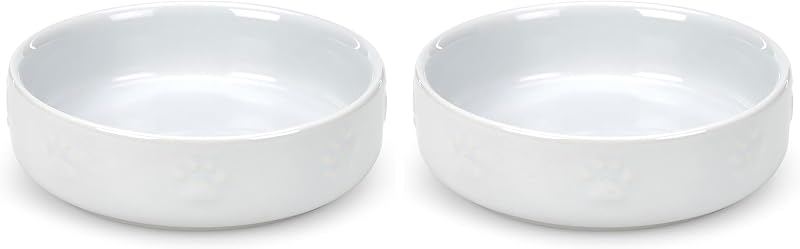 Petface Embossed Paw Ceramic Cat Bowl White 13 cm Pack of 2