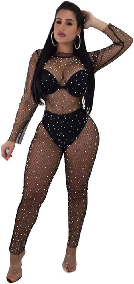 MEREDENG Sexy Lingerie for Women Nightwear Sexy Perspective Beaded Halter Jumpsuit