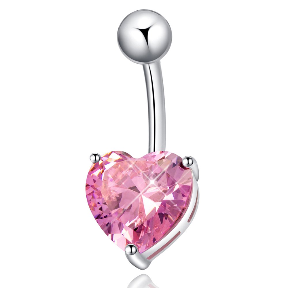 HONEY BEAR Women's Belly Button Ring,316L Surgical Steel,Fashion Heart Shape Sexy Navel Bar Body with Rhinestone Gift (White) (Pink)