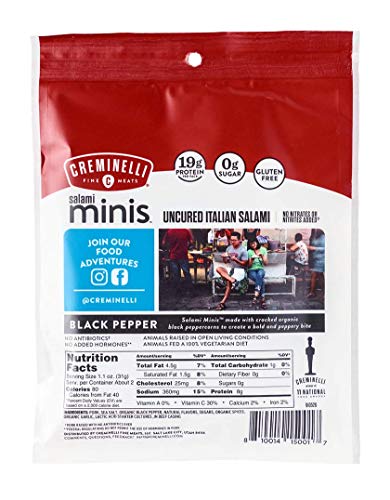 CREMINELLI Black Pepper Salami Mini Snacks, Humanely-Raised U.S. Pork, Keto & Paleo Friendly, 19g of Protien - Sugar Free, Gluten Free, No Added Nitrates or Nitrites (Black Pepper, 2.6oz Singles)