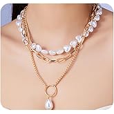 Layered Gold Paperclip Chain Heart Pearls Statement Necklaces for Women,Dainty Teardrop Pearl Link Chain Necklace,Fashionable Birthday Jewelry Gifts