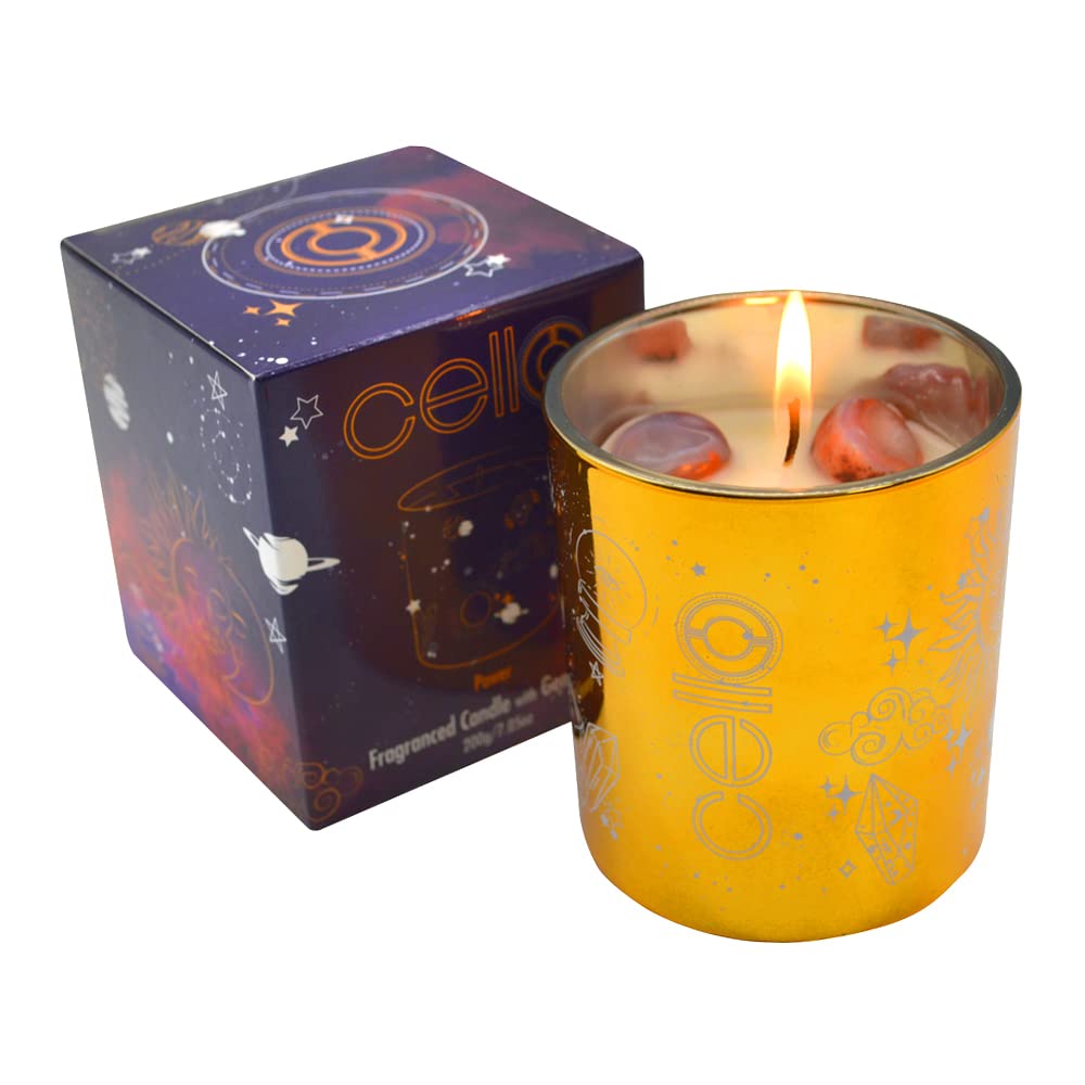 Cello Celestial Scented Candle with Red Agate Gemstones. A Stunning Metallic Gold Candle with red Crystals. The Ideal Scented Candles, Suitable Candles for Men & Candle Gifts for Women.