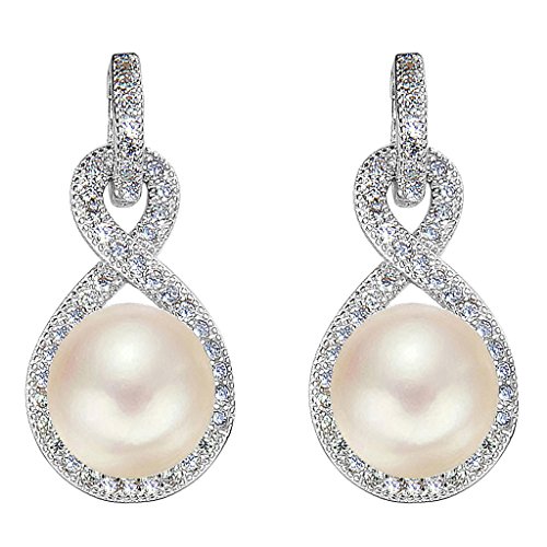 EleQueen 925 Sterling Silver CZ AAA Button Cream Freshwater Cultured Pearl Infinity Bridal Jewelry Drop Earrings (8mm)