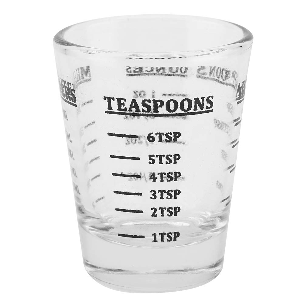 Nikou Small Glass Measuring Cup, Oz/Ml/Teaspoon/Tablespoon 4 Scales Measuring Cup, 1 Ounce Round Shot Glasses Kitchen Tools (30 ml)