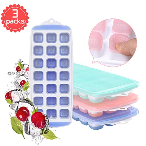 Ice Cube Trays with Lid 3 Pack, [2019 Upgraded] Easy-Release and Flexible BPA Free 63-Ice Cube Maker for Chilling Bourbon Whiskey, Cocktail, Beverages and More