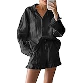Xfileen Women Ruffle 2 Piece Sets Long Sleeve Button Down Shirt and Shorts Pajamas Sets