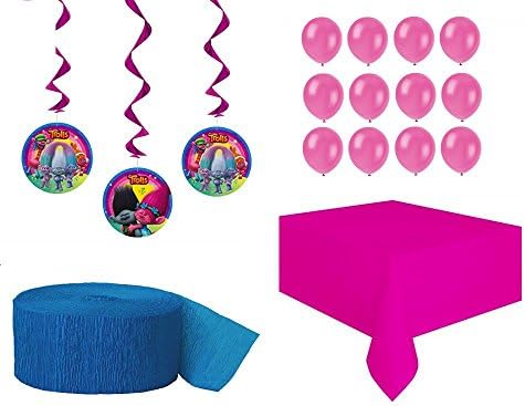 Trolls Party Decorations Birthday Supplies Tablecloth, Streamer, Hanging Swirl Decorations, Balloons, 17 Piece Set