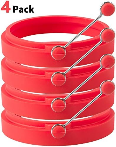 iFun iCool Silicone Egg Rings Round - Non Stick Fried Egg Mold - Pancakes Maker Molds - Breakfast Egg Sandwich Cooker Maker - 4 Pack , with 1 Free Spray Brush (Red)