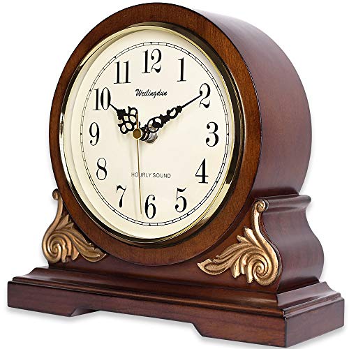 TXL Mantel Clock 8.3" Silent Decorative Wood Desk Clock Battery Operated, Dark Wooden Design for Living Room Office Kitchen Shelf & Home Décor Gift, T10392