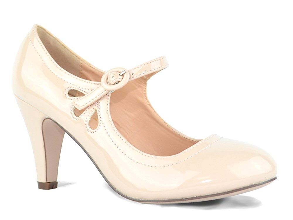 Chase & Chloe Kimmy-21 Women's Round Toe Pierced Mid Heel Mary Jane Style Dress Pumps Nude Patent 7.5 - Image 3