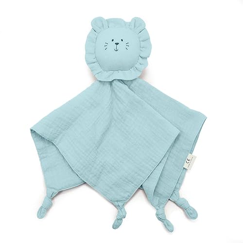 Little Rawr Organic Cotton Muslin Lion Loveys for Babies Baby Security Blanket Baby Snuggle Toy Newborn Essentials Must Haves(Lion-Blue)