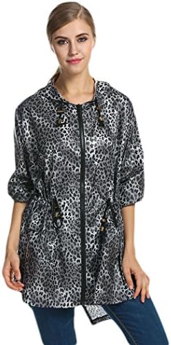 Locry Women's leopard Fishtail Raincoat Jacket Drawstring Waist Hoodie (L, Black)