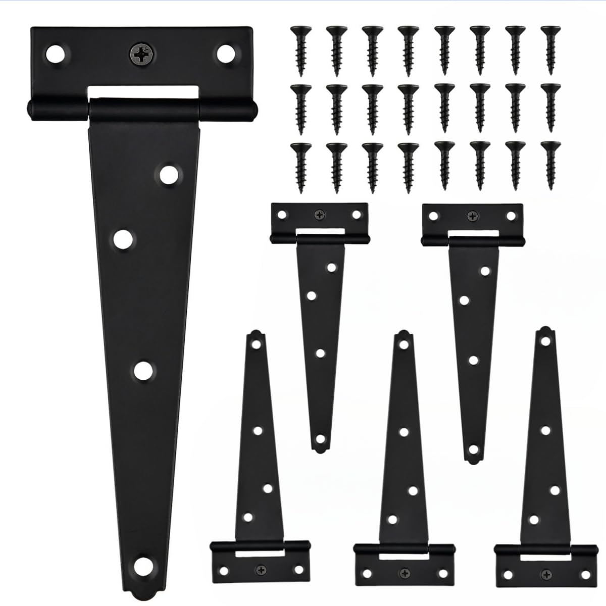 Photo 1 of 6PCS 6 Inch T Gate Hinges, Black Rustproof Tee Outdoor Barn Shed Door Hinge for Small Wooden Doors, Garden Fence, Yard – Upgraded Hardened Screws
