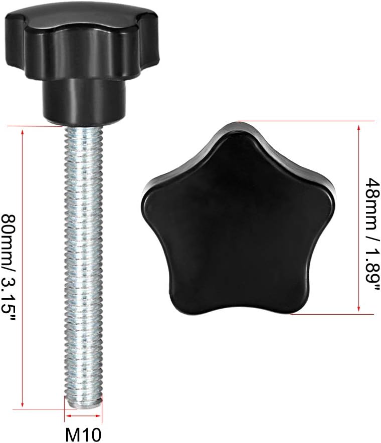 sourcing map Star Knob Grip M10 x 80mm Male Thread Steel Zinc Stud Replacement PP, Silver Tone, Black - Image 3