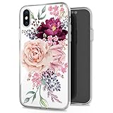 JAHOLAN Pink Rose Flower Cute Girls Floral Design Clear TPU Soft Slim Flexible Silicone Cover Phone Case for iPhone Xs Max 2018 6.5 inch