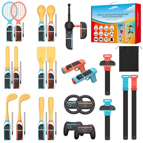 Switch 2/1 Sports Accessories Bundle – 24-in-1 Sports Pack for Nintendo Switch 2/1, Authentic Sports Experience for Family and Friends, Party & Social Play, with Storage Bag