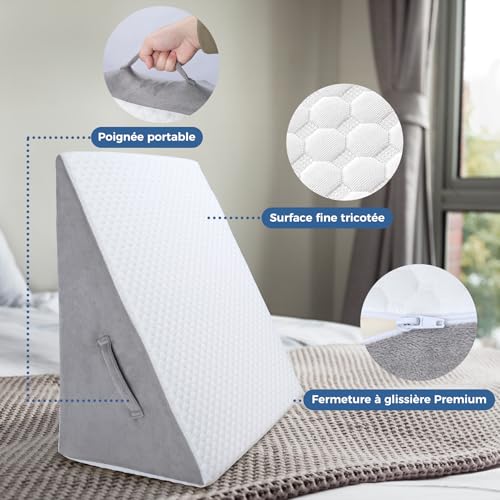 INFANZIA Inclined Cushion for Bed, Triangular Pillow, Ergonomic Memory Foam Pillow for Sleep Apnea Wedge Cushion, Snoring, Acid Reflux (White)