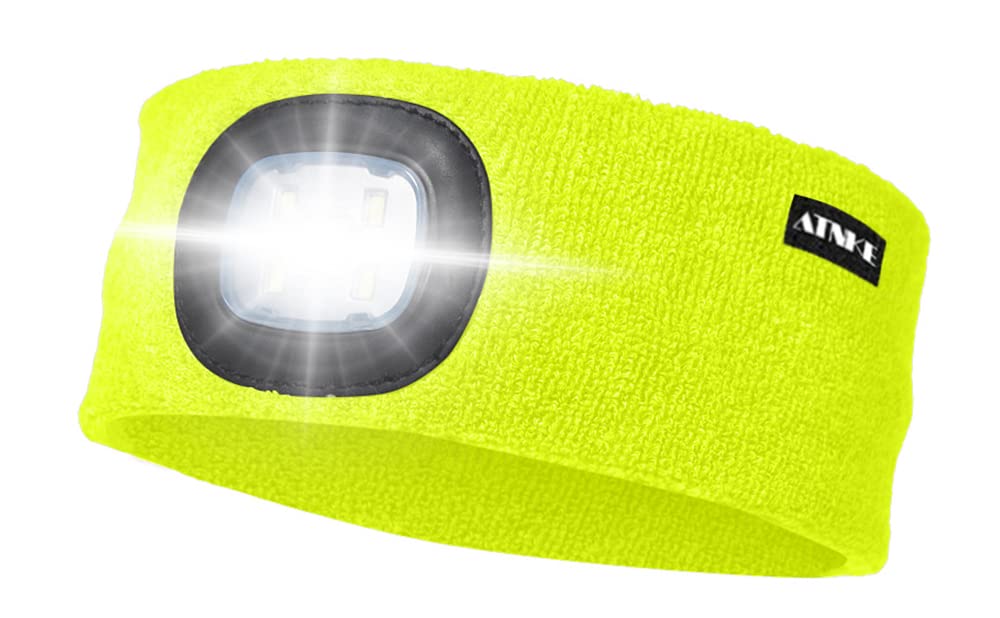 ATNKE LED Lighted Headband, USB Rechargeable Running Hat Ultra Bright 4 LED Waterproof Light Lamp Headlamp High Stretch Moisture Wicking Multi-Color/Fluorescent yellow