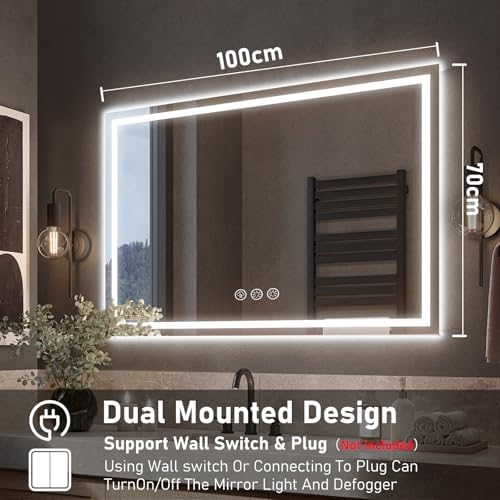 Badspiegel mit Beleuchtung LED, 100x70cm Spiegel mit Light, Wandspiegel mit Frontbeleuchtung, Antibeschlagfunktion, Dimmbar, mit 3 Einstellbaren Lichtfarben