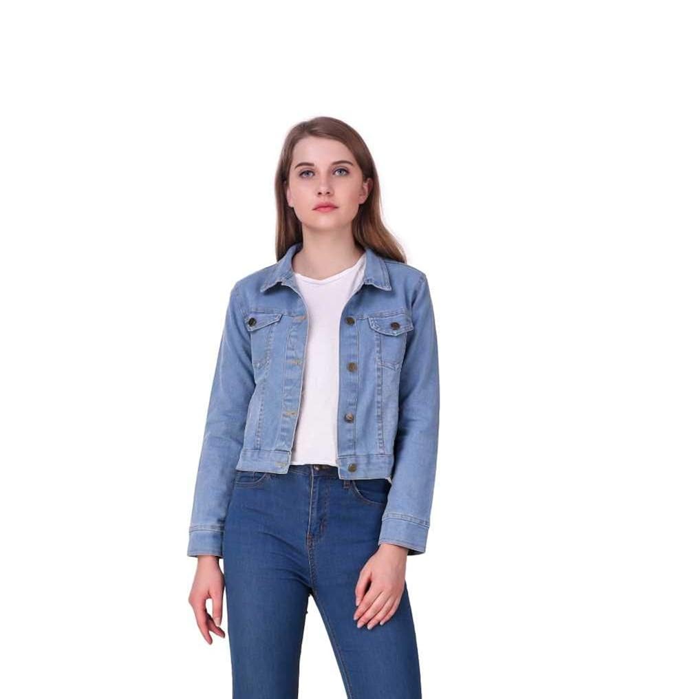 montrez denim full sleeves comfort fit regular collar blue jacket for women