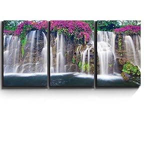 3 Piece Canvas Print - Contemporary Art, Modern Wall Art - Lush Waterfall and Flowers- Giclee Artwork - Gallery Wrapped Wood Stretcher Bars - Ready to Hang 16"x24"x3 Panels