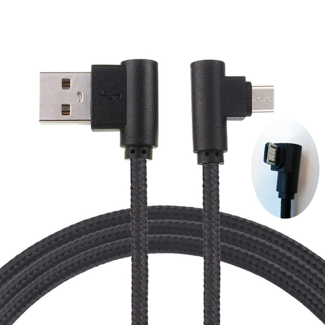 LoongGate Long Right Angle Micro USB Cable, Nylon Braided 90 Degree USB A to Micro B Charging & Data Sync Cable for All Micro USB Devices - 2 Meters(6.5ft) - Black