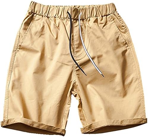 VANCOOG Men's Casual Cotton Beach Shorts With Pockets Drawstring Walk Short (Large, Khaki)