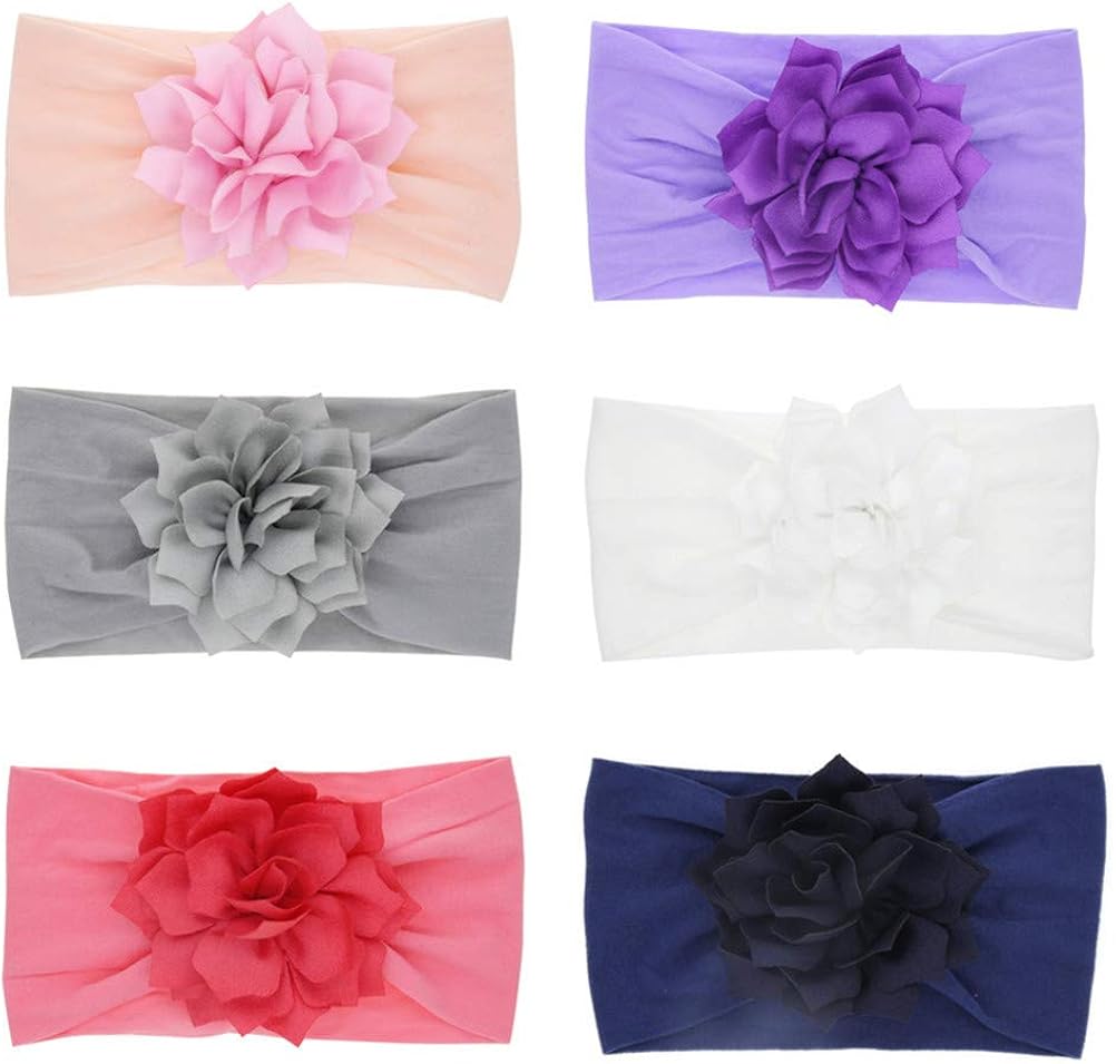 TSWRK Baby Girls Headbands,Newborn Infant Toddler Hair Bands Children Soft Nylon Headwrap with Rose/Lotus Flower Hair Accessories(Pack of 6)