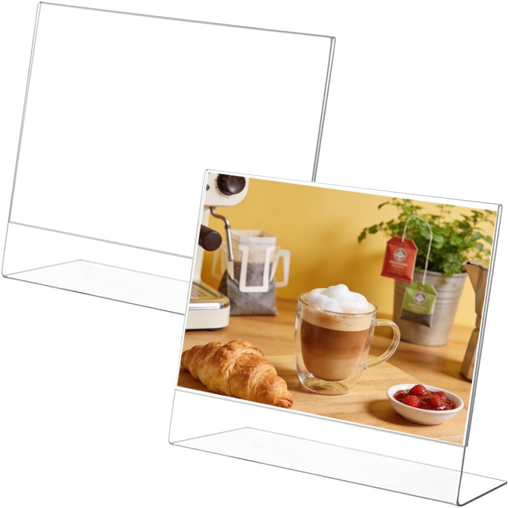 2 Pieces A5 Acrylic Sign Holder, Plastic Display Sign Stands, Menu Holders Counter Poster Stand, L-Shape Clear Perspex Leaflet Display Stands for Tables, Restaurant, Hotel, Shop, Company, Office — image 1