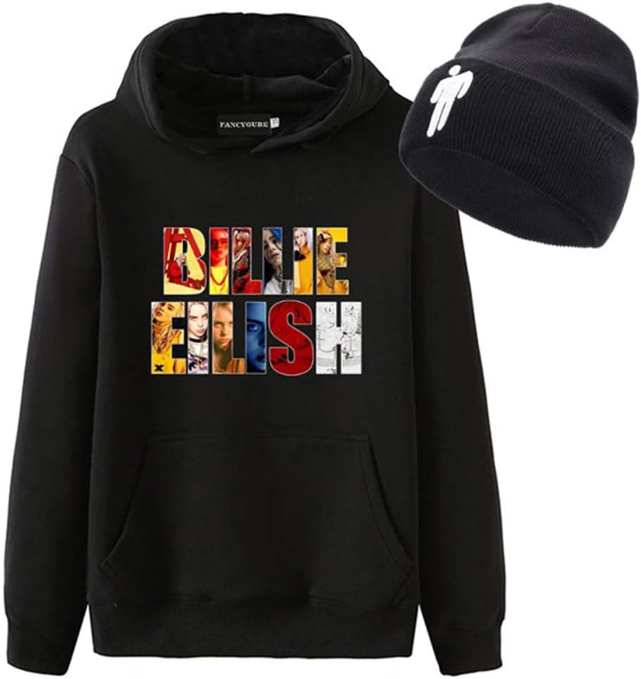CREPUSCOLO Unisex Billie Eilish Hoodie with Beanie Knit Hat 2 Piece Set Stretchy Cap Long Sleeve Sweatshirt