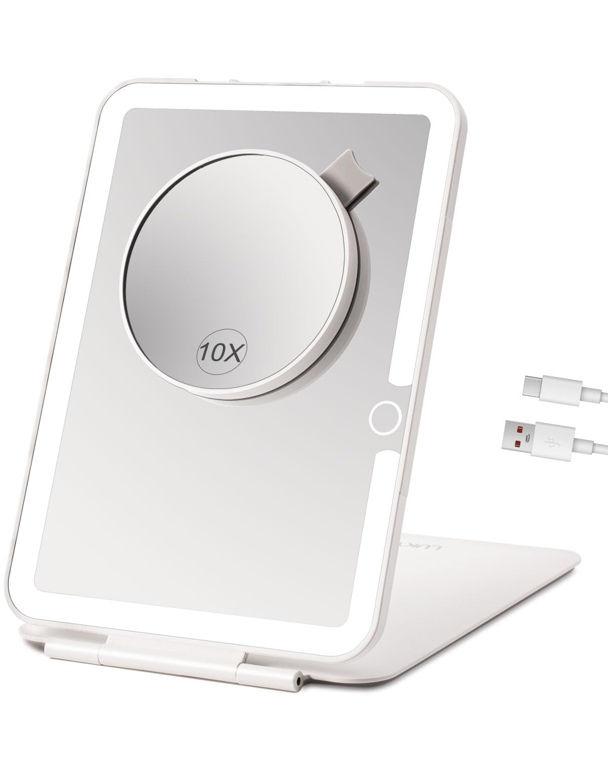 LUKYMIRO Rechargeable Travel Makeup Mirror with Lights, Portable Lighted Vanity 10X Magnification, 70 LEDs 3 Color Dimmable Touch Screen, Tabletop Folding Compact Cosmetic (White With 2000mah Battery)